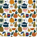 Pattern with tea kettle, cups and fruits